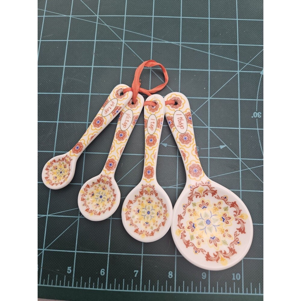 Ceramic Measuring Spoons Set of 4 White Yellow Orange Floral Boho Kitchen